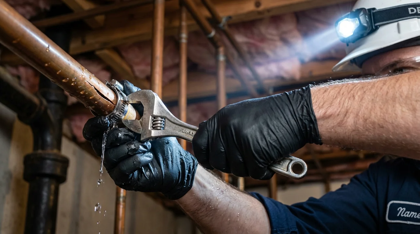 Emergency pipe clamp repair being performed by a Johns Plumbing LLC plumber in Granger