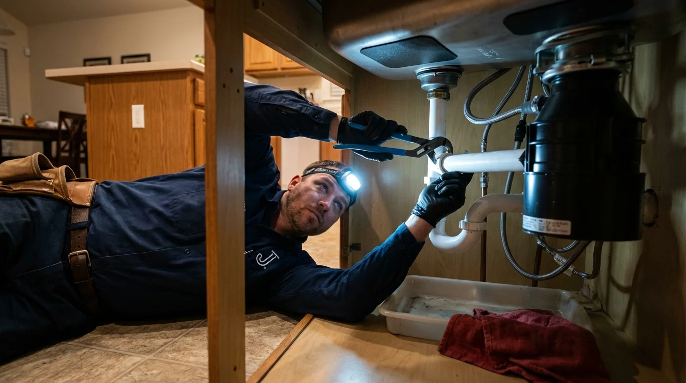 P-trap and supply line connections under a kitchen sink showing a common leak point in Granger, TX